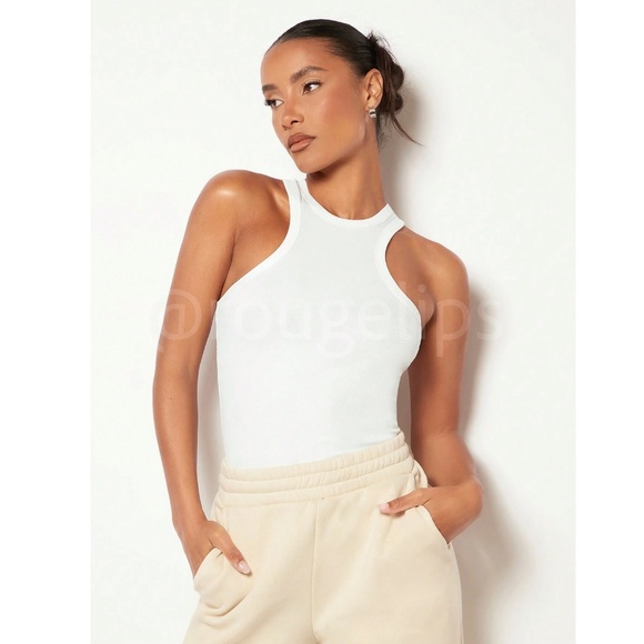 White Rib Knit Racer Back Front Casual Basic Tank Top Shirt - Picture 3 of 9